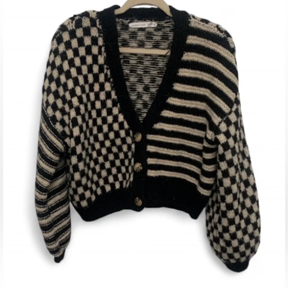 Altar’d State Claudia Checkered Cardigan Sweater Black & Cream Balloon Sleeve - Picture 6 of 13